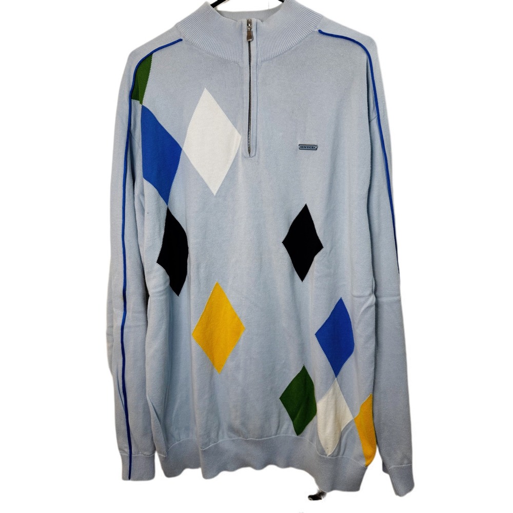 Vintage Y2K ENYCE Mens Argyle Quarter‎ Zip Pullover Sweater Cotton Blue Large